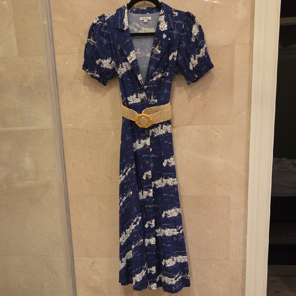 NWOT WOMEN'S WEWOREWHAT HAMPTONS NAVY BLUE BUTTON DOWN MIDI DRESS BELT SZ S $198